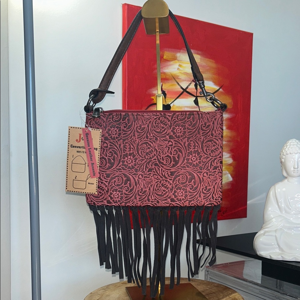 Justin Convertible Bag Vegan Red & Brown Leather Fringe Bag 8.5”x 5.5” NWT